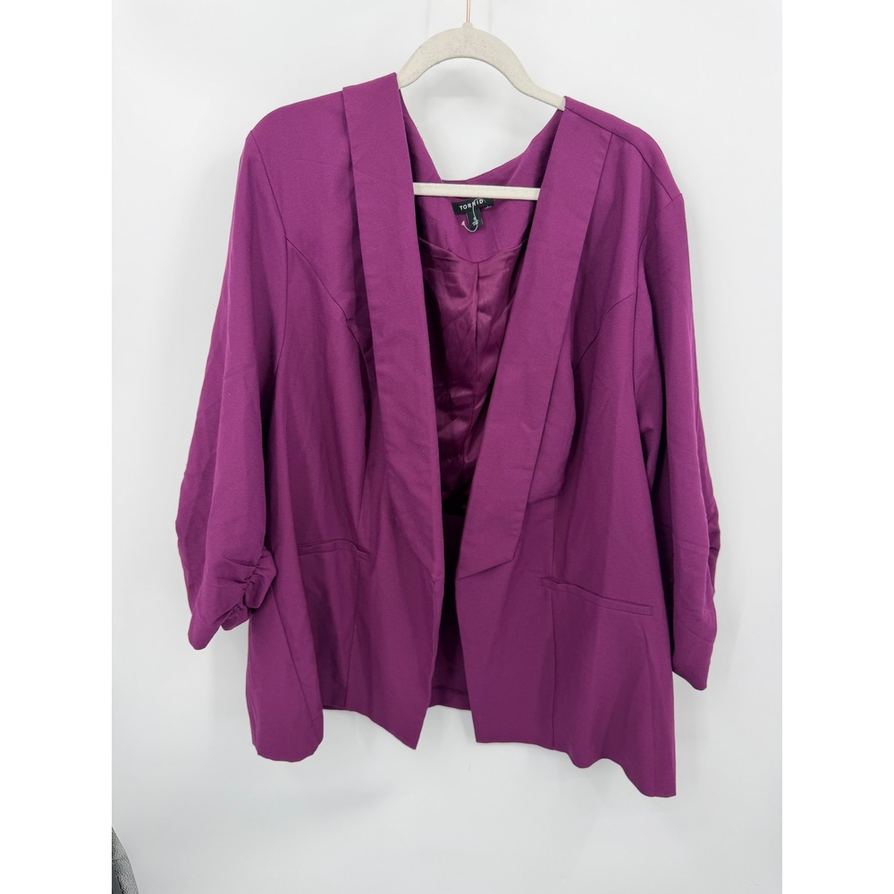 Torrid Ruched Sleeve Open Front Blazer Women 6 6X Purple Shawl Collar Stretch